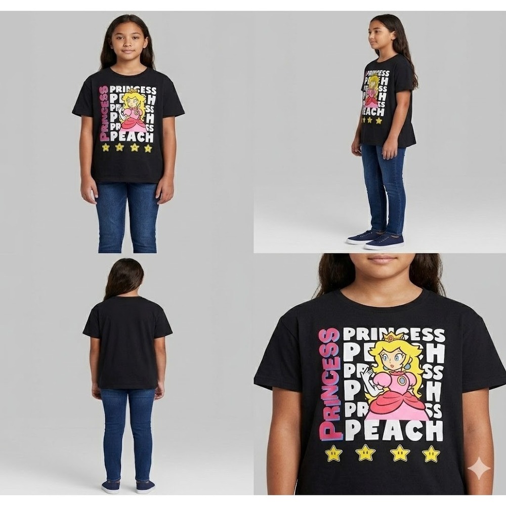 Nintendo Super Mario Graphic T-Shirt Girls Kids XL 14/16 Black Princess Peach